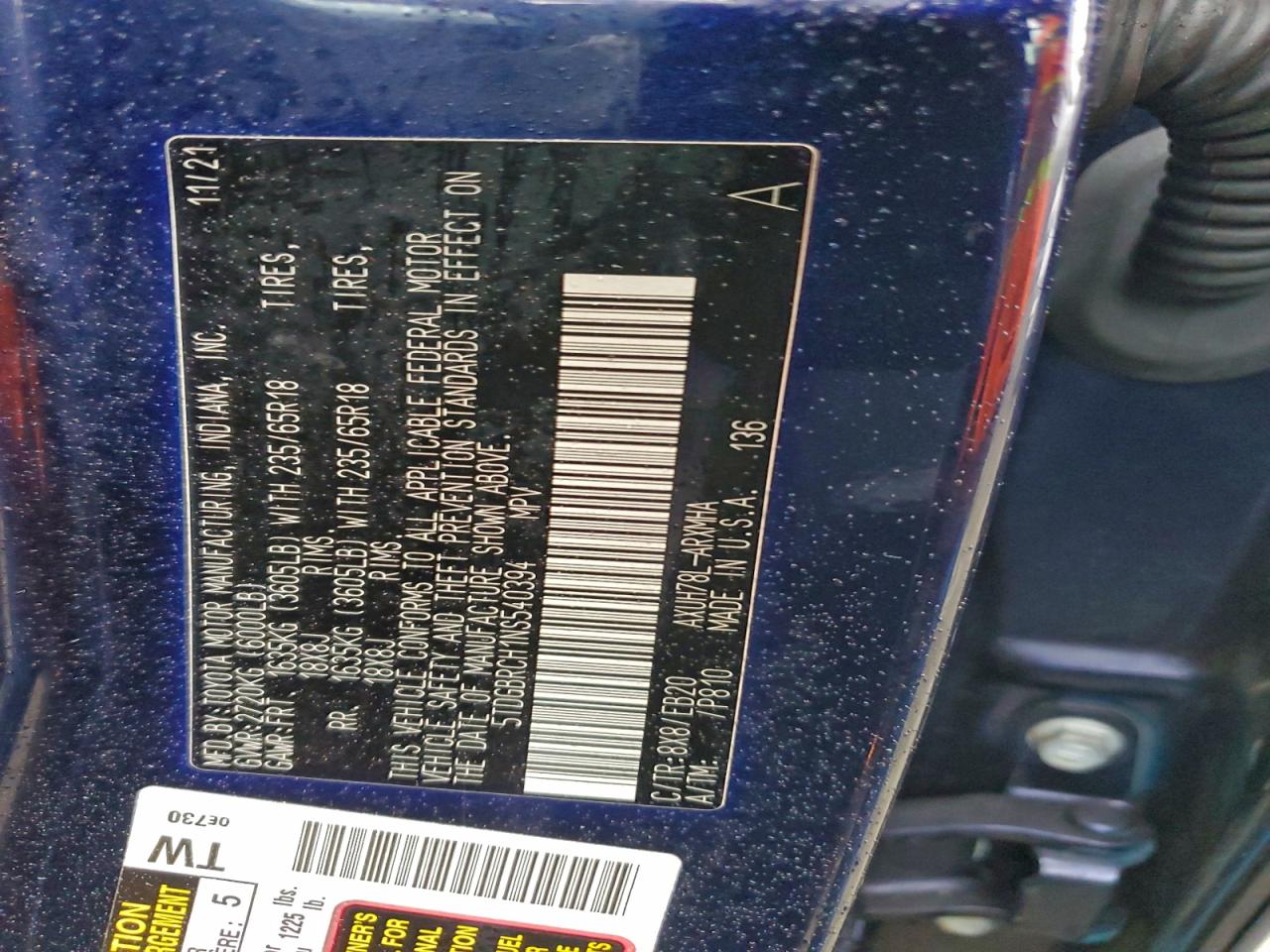 2022 Toyota Highlander Hybrid Xle VIN: 5TDGBRCH1NS540394 Lot: 91446195