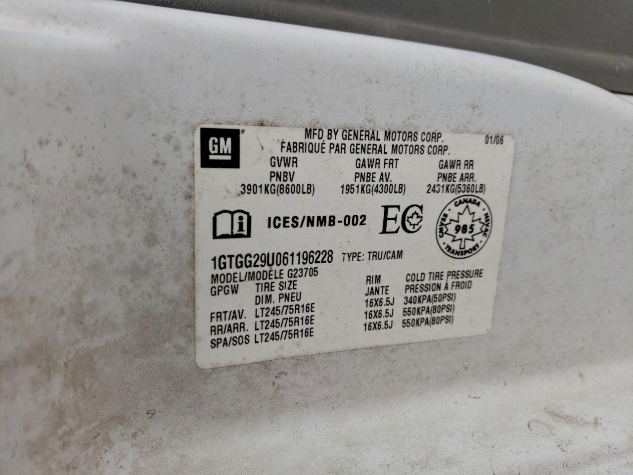 2006 GMC Savana G2500 VIN: 1GTGG29U061196228 Lot: 93759775