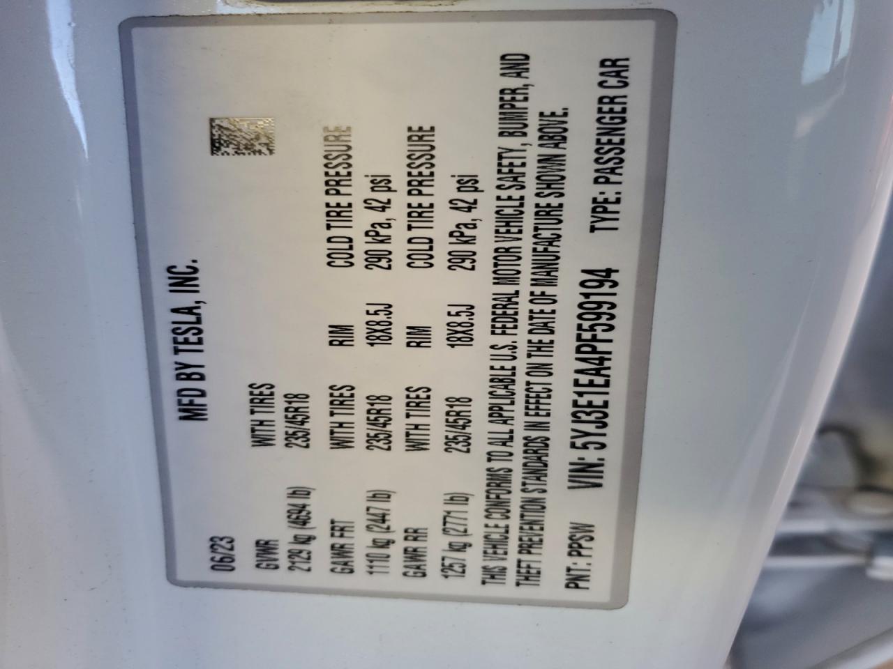 2023 Tesla Model 3 VIN: 5YJ3E1EA4PF599194 Lot: 93947855