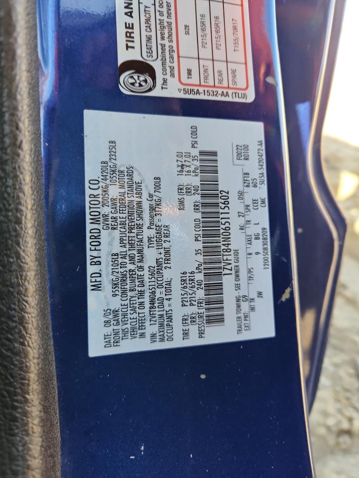 2006 Ford Mustang VIN: 1ZVFT84N065115602 Lot: 91654335