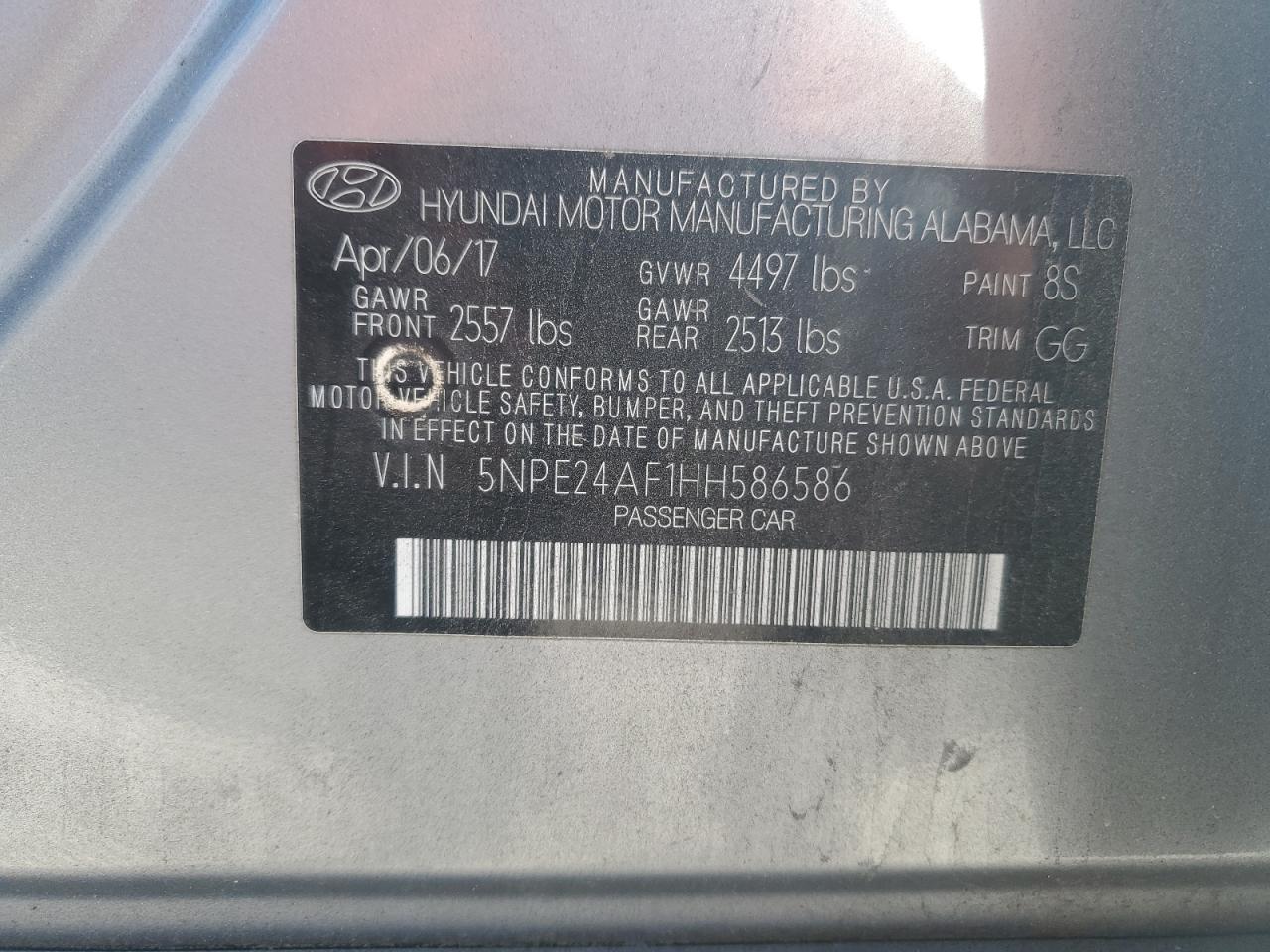 2017 Hyundai Sonata Se VIN: 5NPE24AF1HH586586 Lot: 91975565