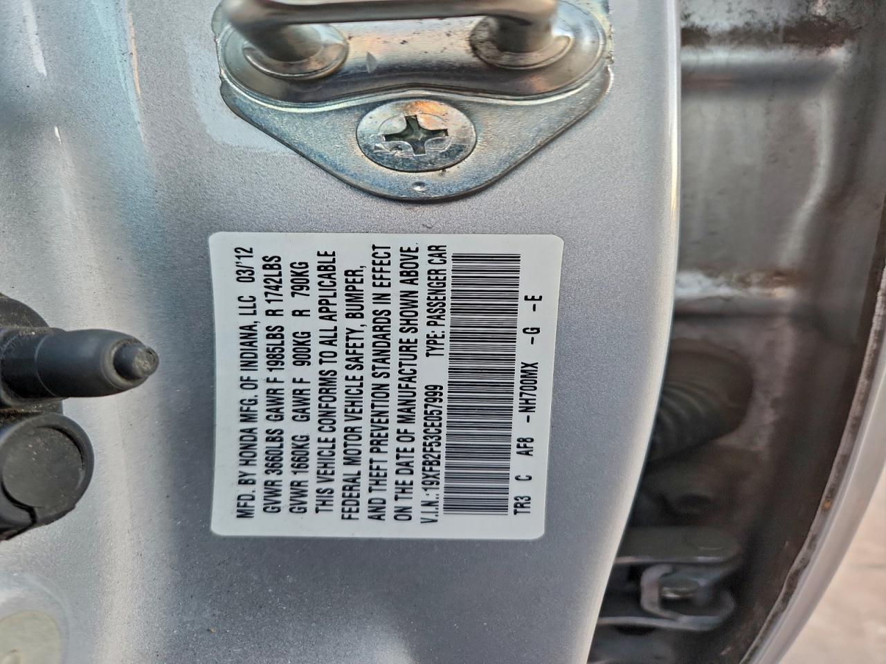 2012 Honda Civic Lx VIN: 19XFB2F53CE057999 Lot: 94414705