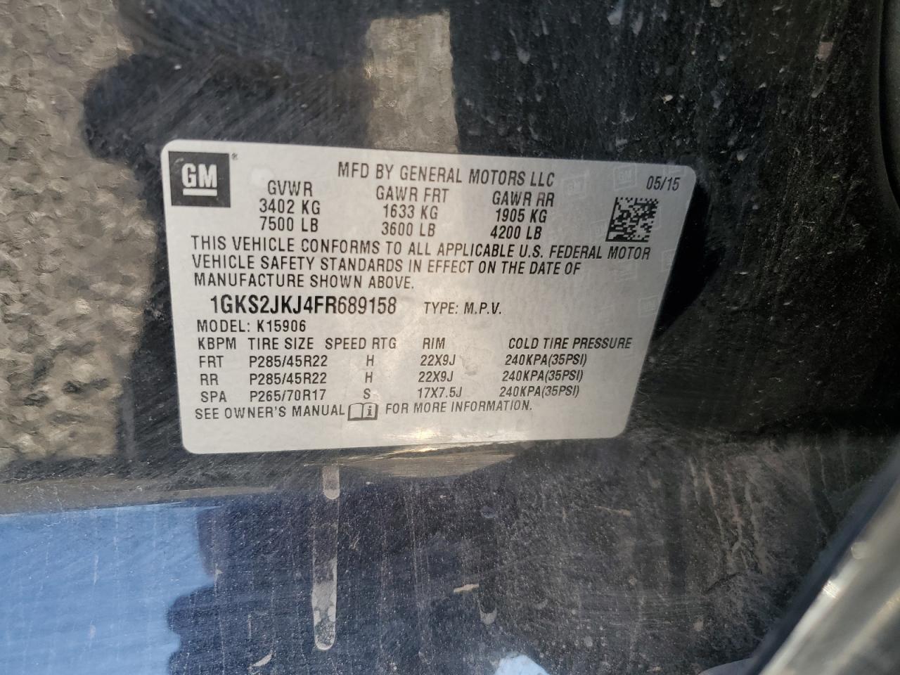 2015 GMC Yukon Xl Denali VIN: 1GKS2JKJ4FR689158 Lot: 91244375