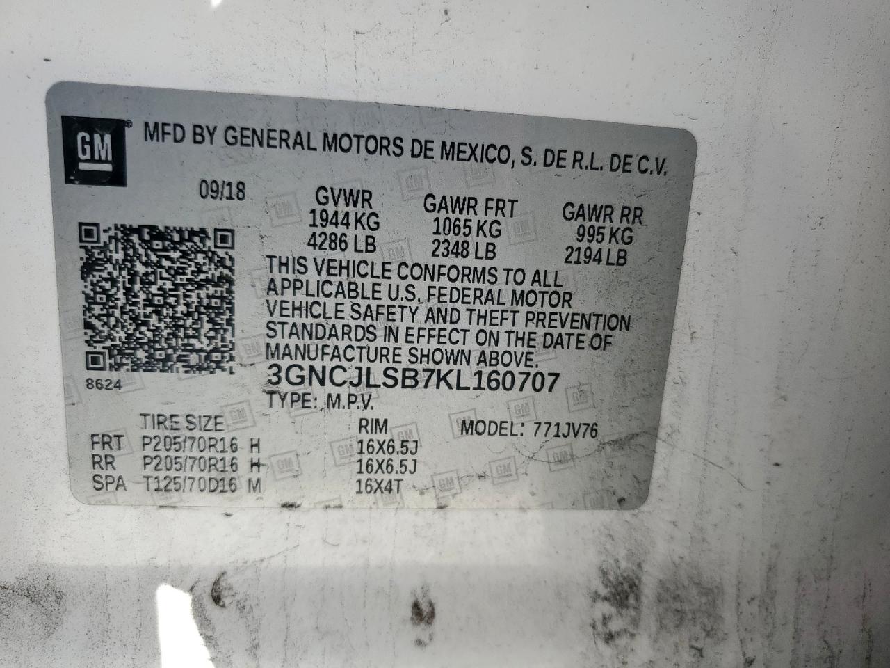 2019 Chevrolet Trax 1Lt VIN: 3GNCJLSB7KL160707 Lot: 92081755