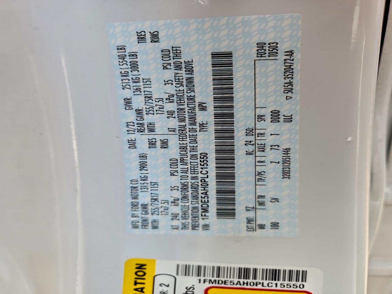 2023 Ford Bronco Base VIN: 1FMDE5AH0PLC15550 Lot: 93686365
