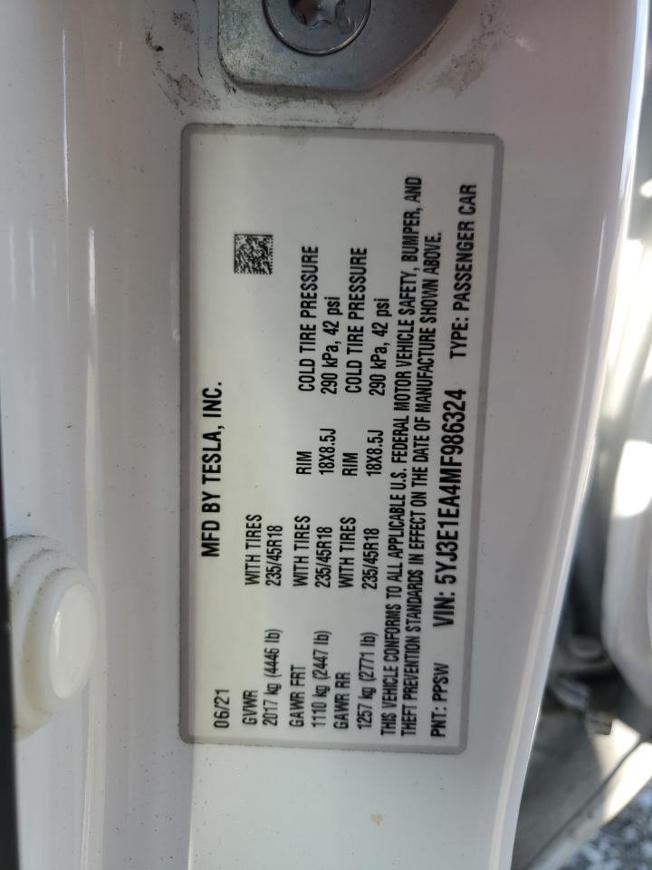 2021 Tesla Model 3 VIN: 5YJ3E1EA4MF986324 Lot: 91929755