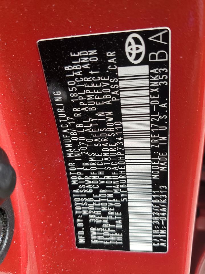 2017 Toyota Corolla L VIN: 5YFBURHE0HP734110 Lot: 93778595