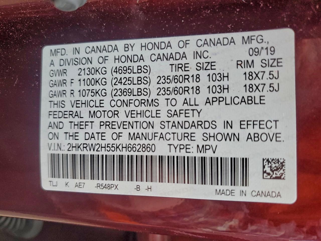 2019 Honda Cr-V Ex VIN: 2HKRW2H55KH662860 Lot: 94220025