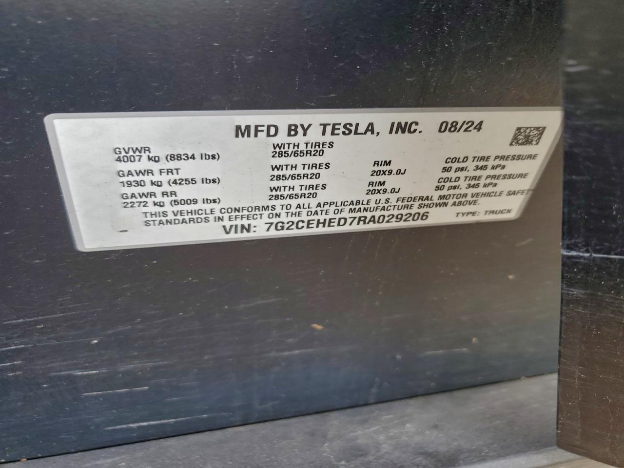 2024 Tesla Cybertruck VIN: 7G2CEHED7RA029206 Lot: 94077795