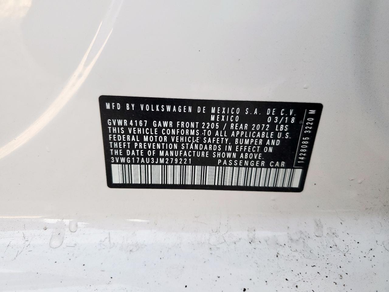 2018 Volkswagen Golf S VIN: 3VWG17AU3JM279221 Lot: 92838205