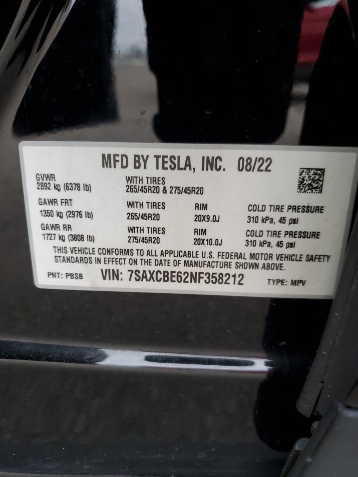 2022 Tesla Model X VIN: 7SAXCBE62NF358212 Lot: 92184215