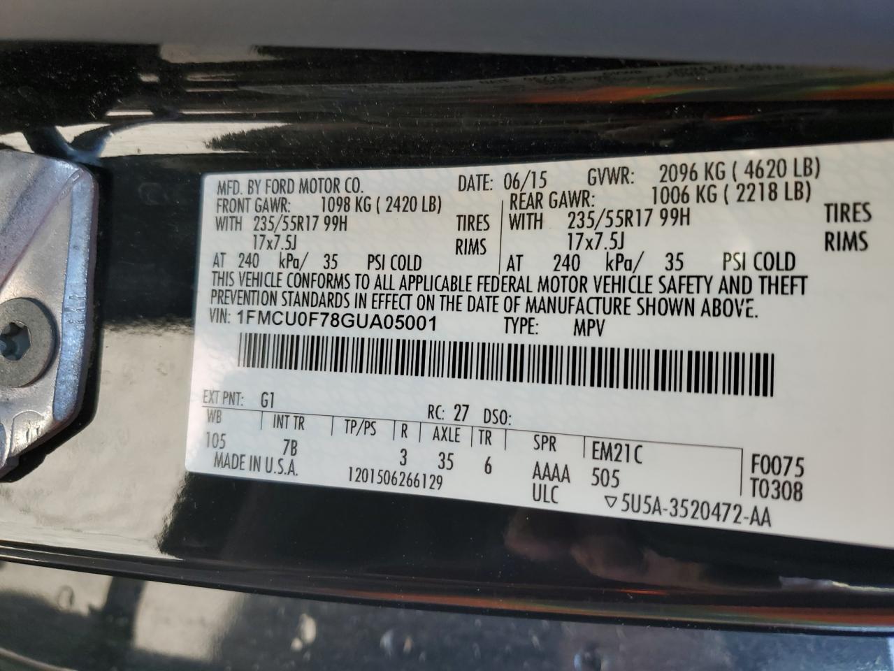 2016 Ford Escape S VIN: 1FMCU0F78GUA05001 Lot: 91278635