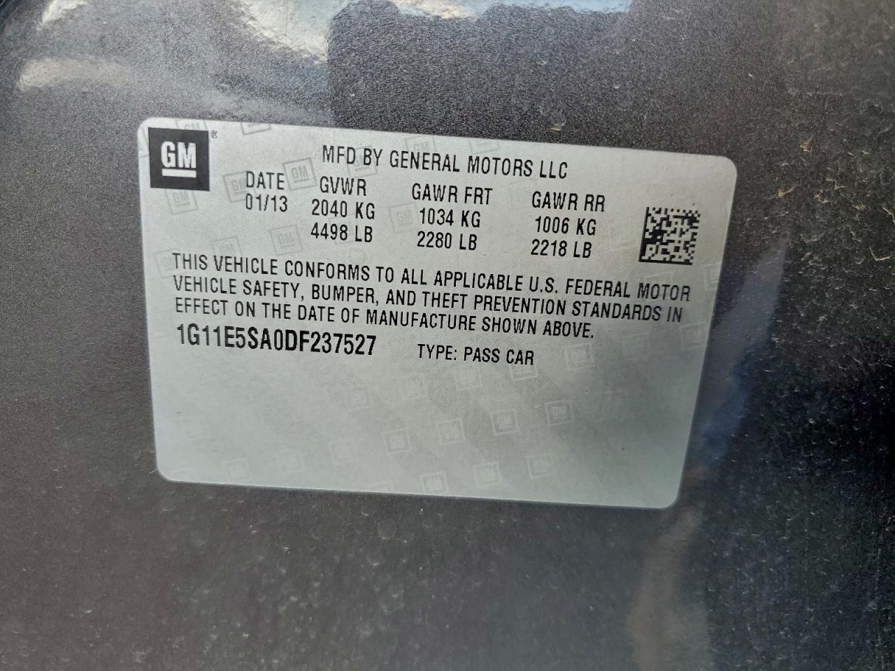 2013 Chevrolet Malibu 2Lt VIN: 1G11E5SA0DF237527 Lot: 94078685