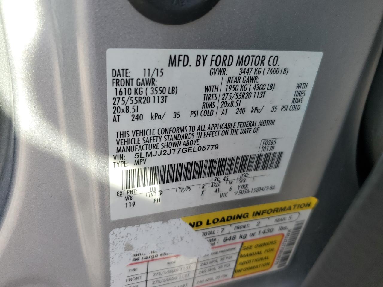 2016 Lincoln Navigator Select VIN: 5LMJJ2JT7GEL05779 Lot: 91738435