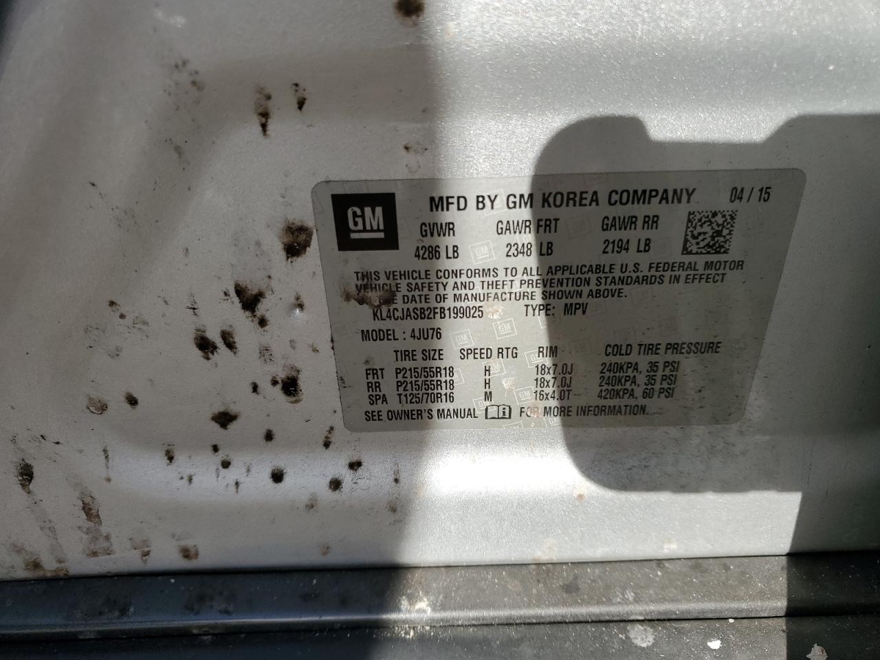 2015 Buick Encore VIN: KL4CJASB2FB199025 Lot: 92431675