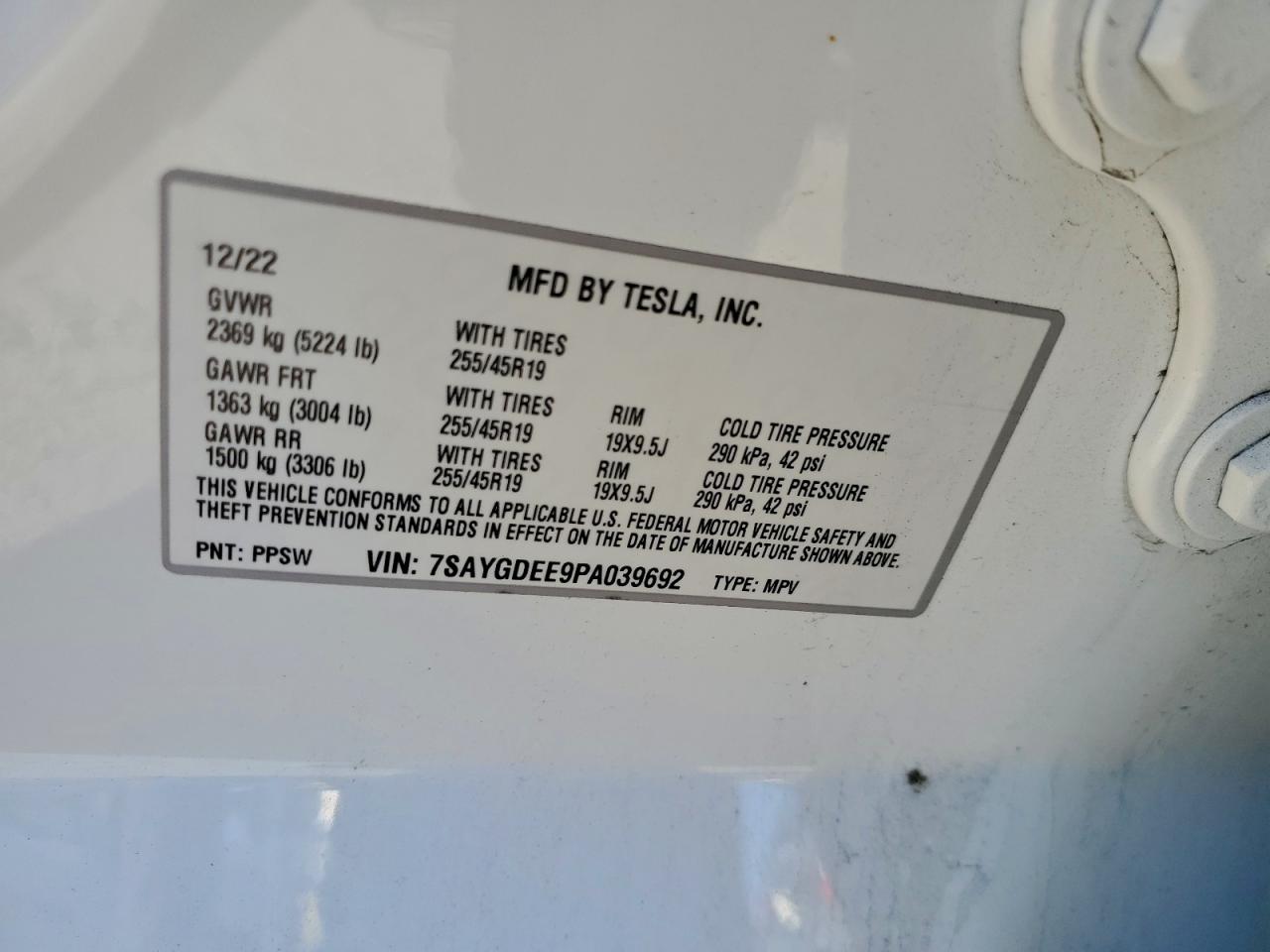 2023 Tesla Model Y VIN: 7SAYGDEE9PA039692 Lot: 94536685