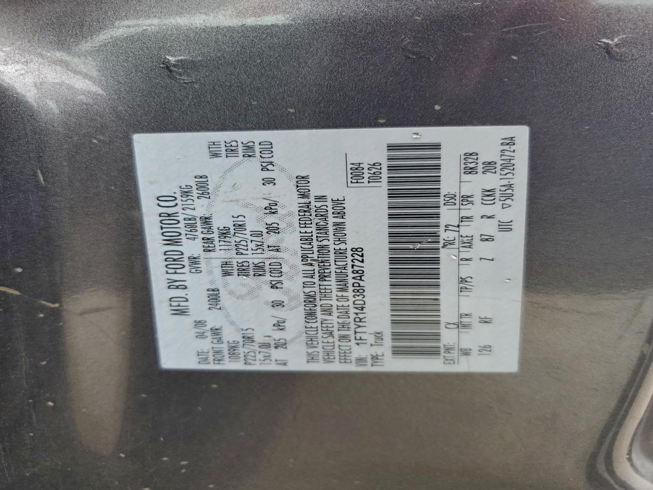 2008 Ford Ranger Super Cab VIN: 1FTYR14D38PA87228 Lot: 94194065