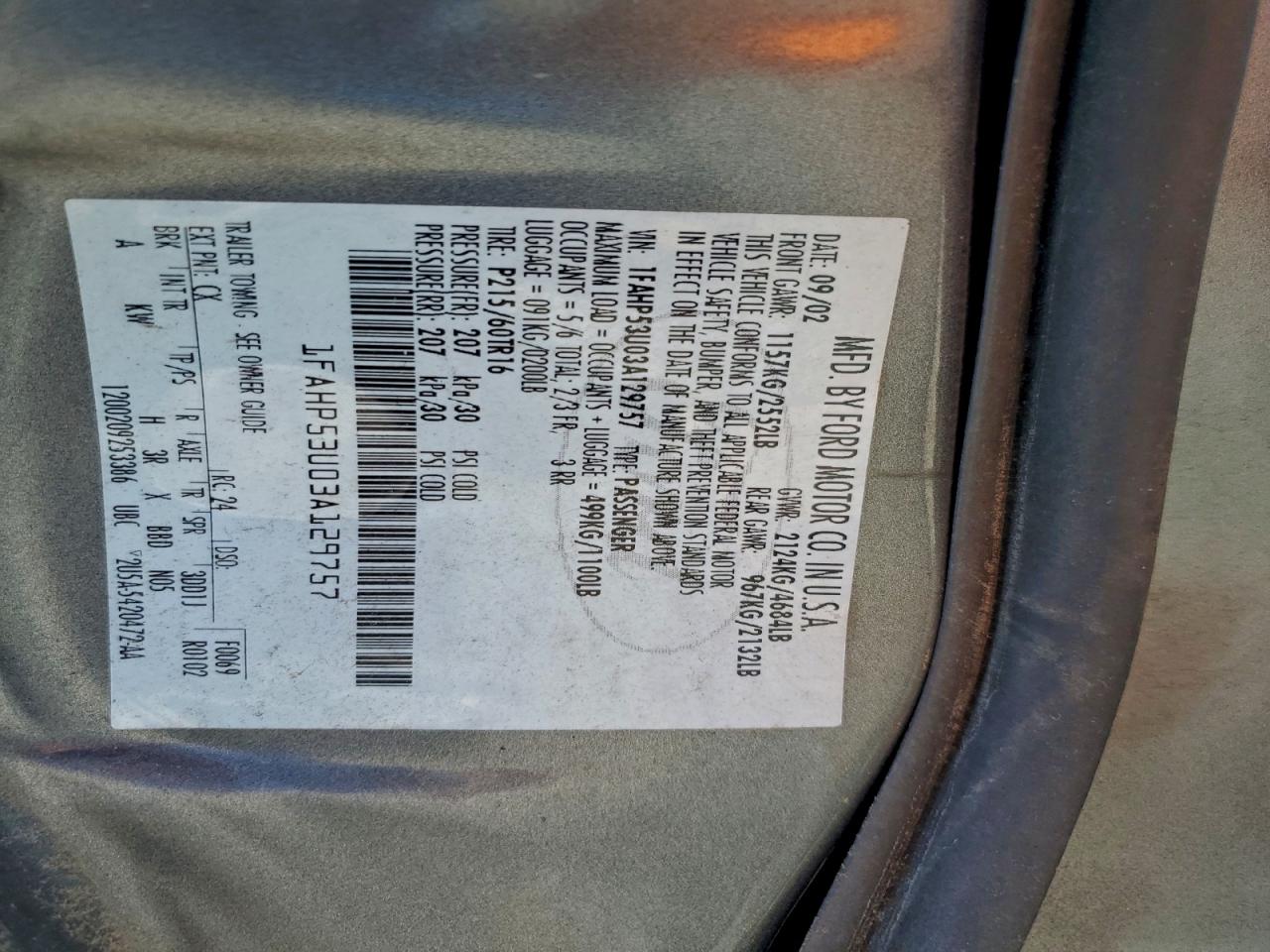 2003 Ford Taurus Se VIN: 1FAHP53U03A129757 Lot: 94302145