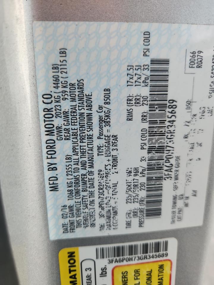 2016 Ford Fusion Se VIN: 3FA6P0H73GR345689 Lot: 92185275