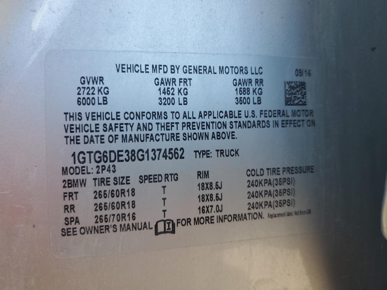 2016 GMC Canyon Slt VIN: 1GTG6DE38G1374562 Lot: 92292245