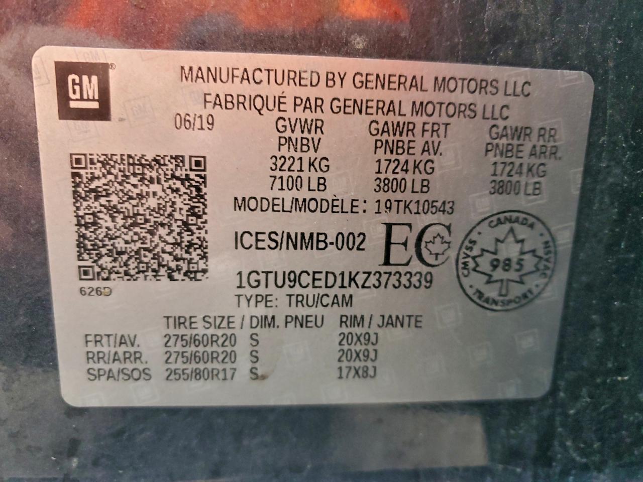 2019 GMC Sierra K1500 Elevation VIN: 1GTU9CED1KZ373339 Lot: 94302725