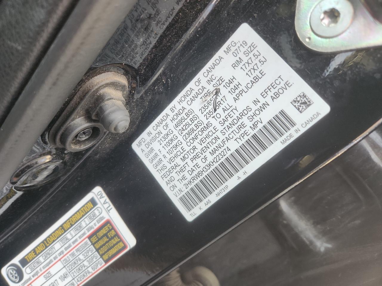 2019 Honda Cr-V Lx VIN: 2HKRW6H33KH223274 Lot: 91559565