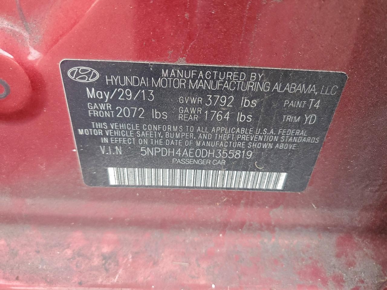 2013 Hyundai Elantra Gls VIN: 5NPDH4AE0DH355819 Lot: 94649795