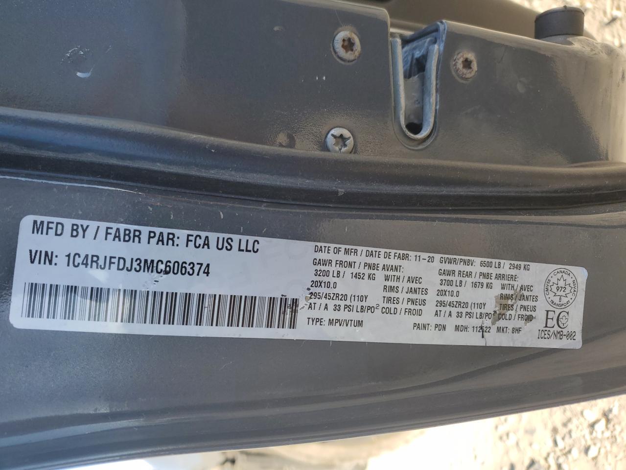 2021 Jeep Grand Cherokee Srt-8 VIN: 1C4RJFDJ3MC606374 Lot: 92483535