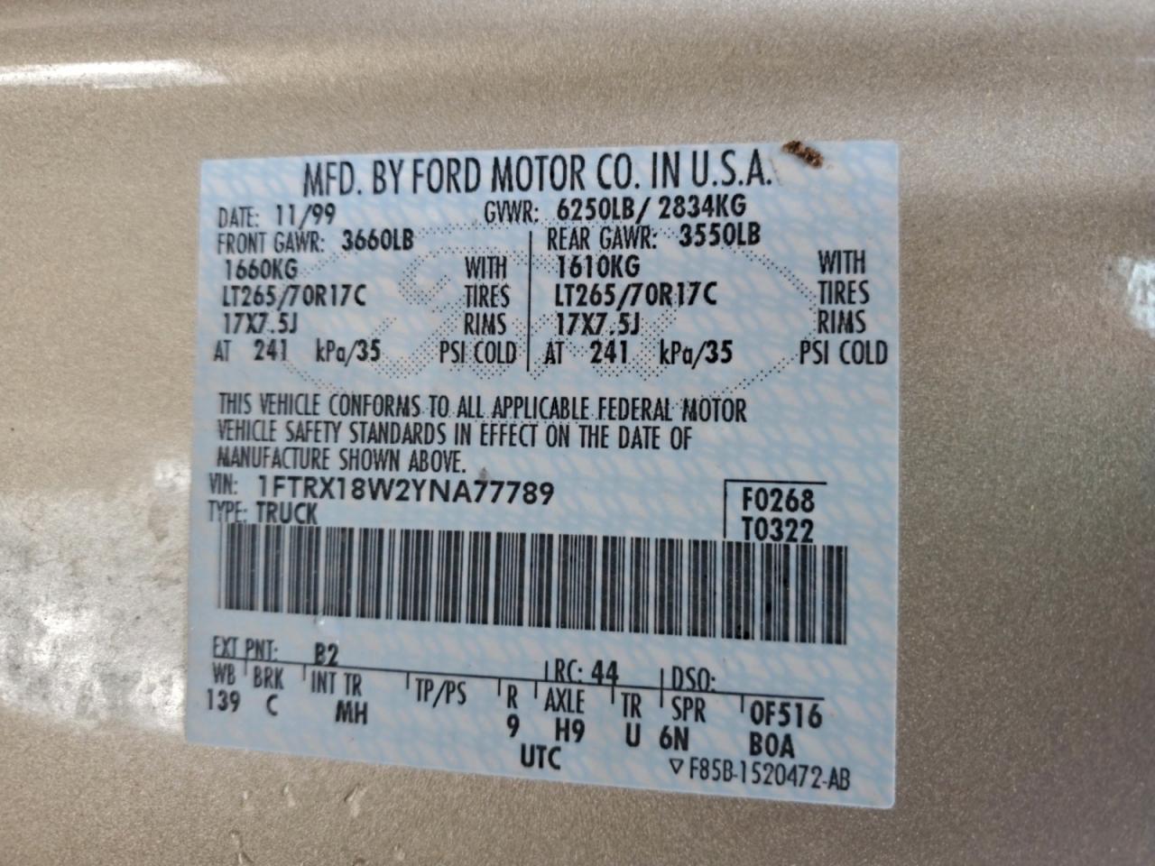 2000 Ford F150 VIN: 1FTRX18W2YNA77789 Lot: 93814905