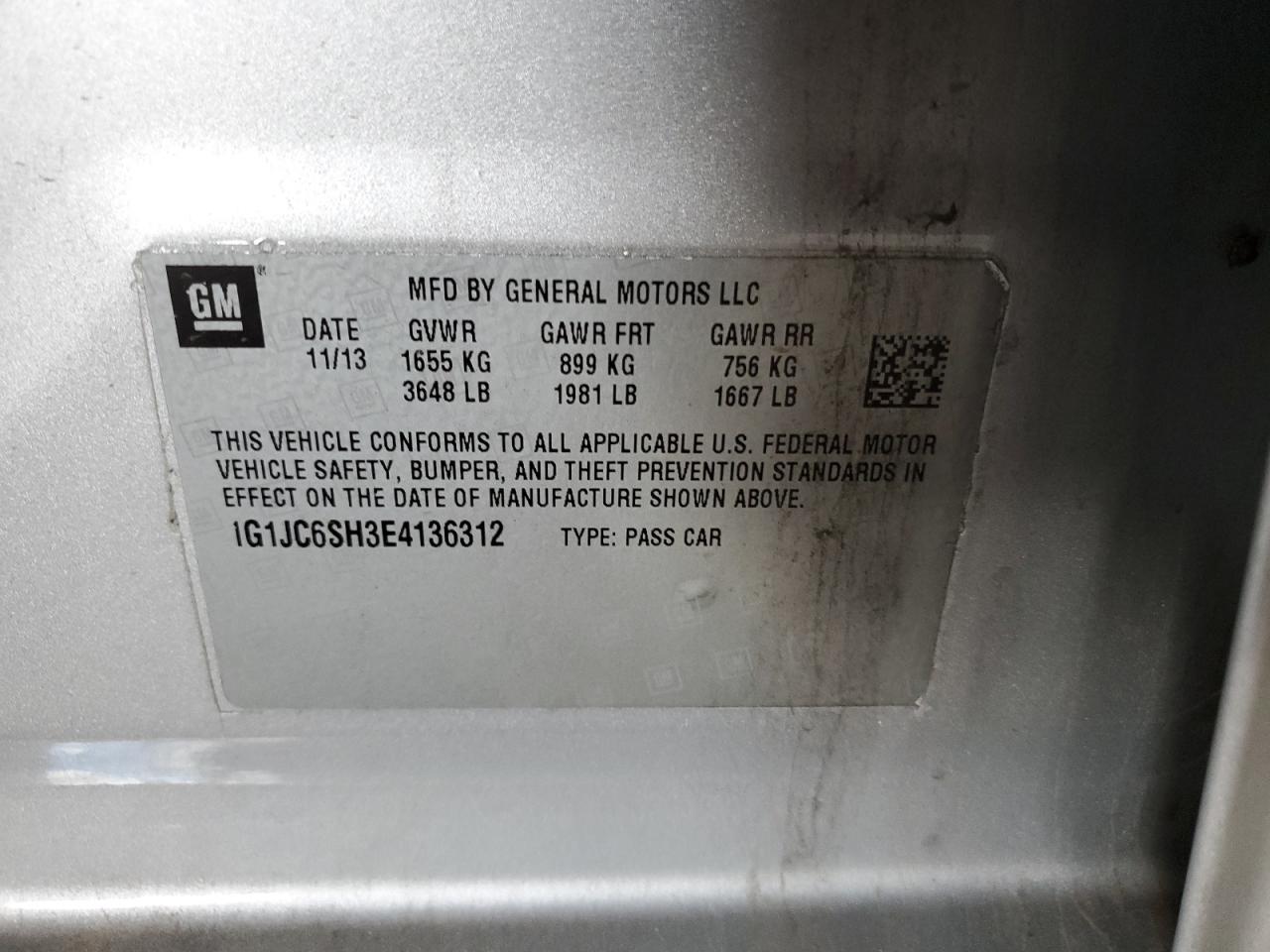 2014 Chevrolet Sonic Lt VIN: 1G1JC6SH3E4136312 Lot: 91720165