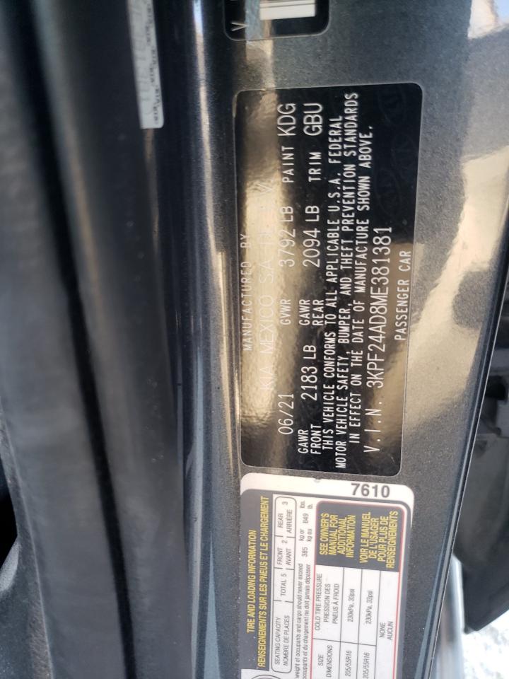 2021 Kia Forte Fe VIN: 3KPF24AD8ME381381 Lot: 92388945