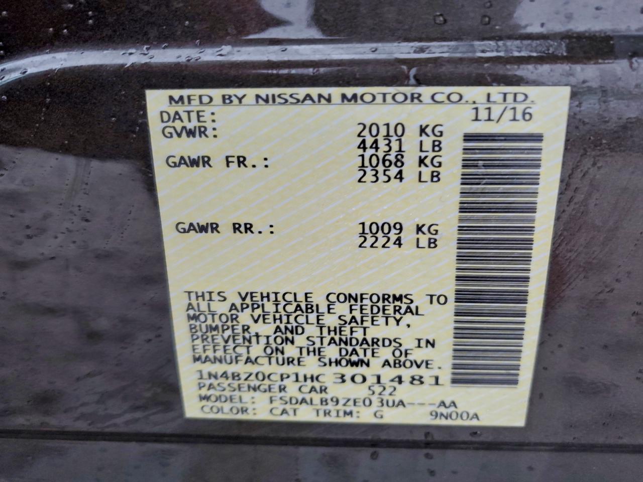 2017 Nissan Leaf S VIN: 1N4BZ0CP1HC301481 Lot: 93712345