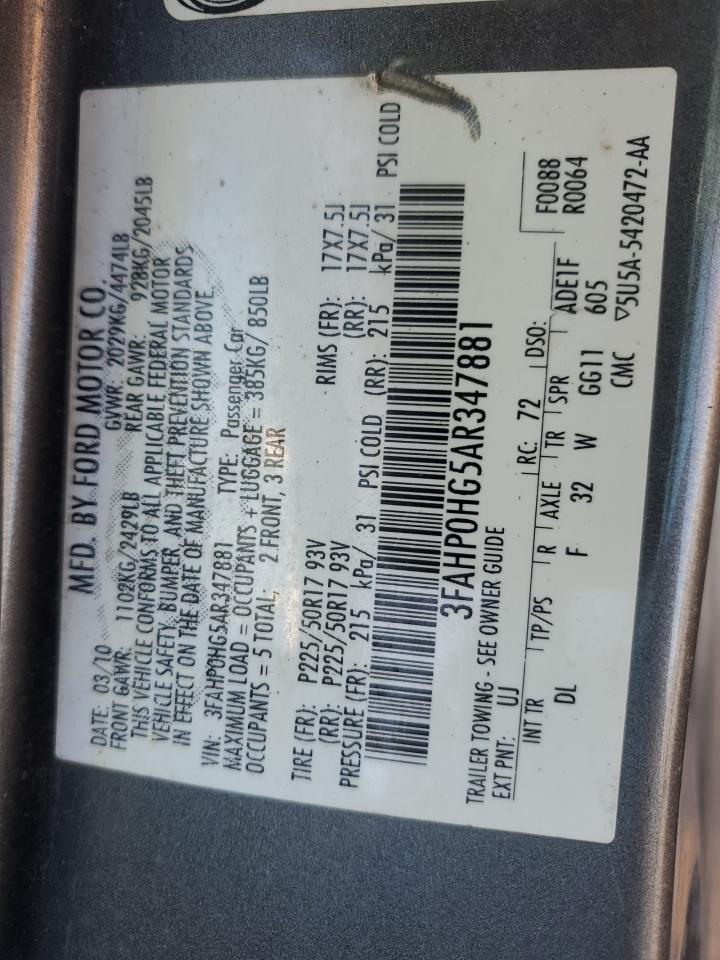 2010 Ford Fusion Se VIN: 3FAHP0HG5AR347881 Lot: 90785405