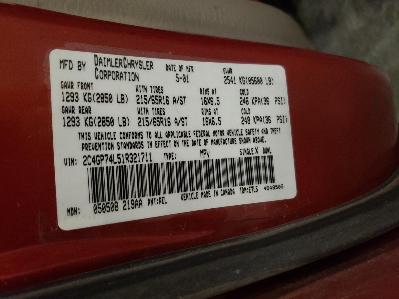 2001 Chrysler Town & Country Ex VIN: 2C4GP74L51R321711 Lot: 91047925