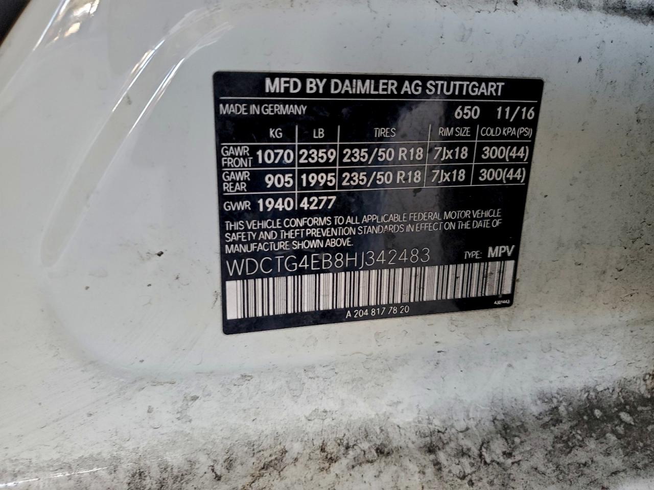 2017 Mercedes-Benz Gla 250 VIN: WDCTG4EB8HJ342483 Lot: 94363665