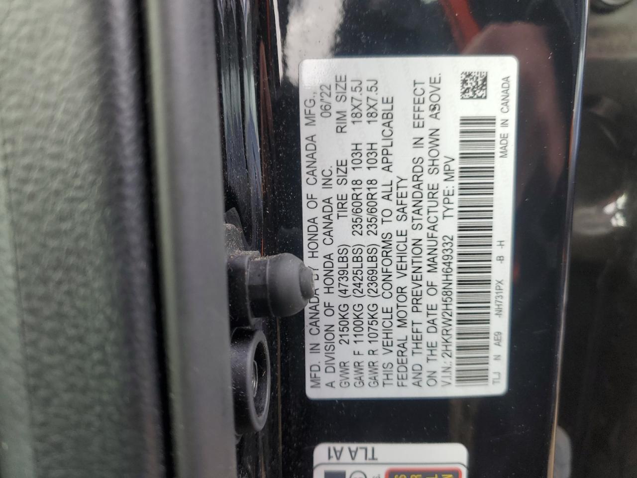 2022 Honda Cr-V Ex VIN: 2HKRW2H58NH649332 Lot: 91985235