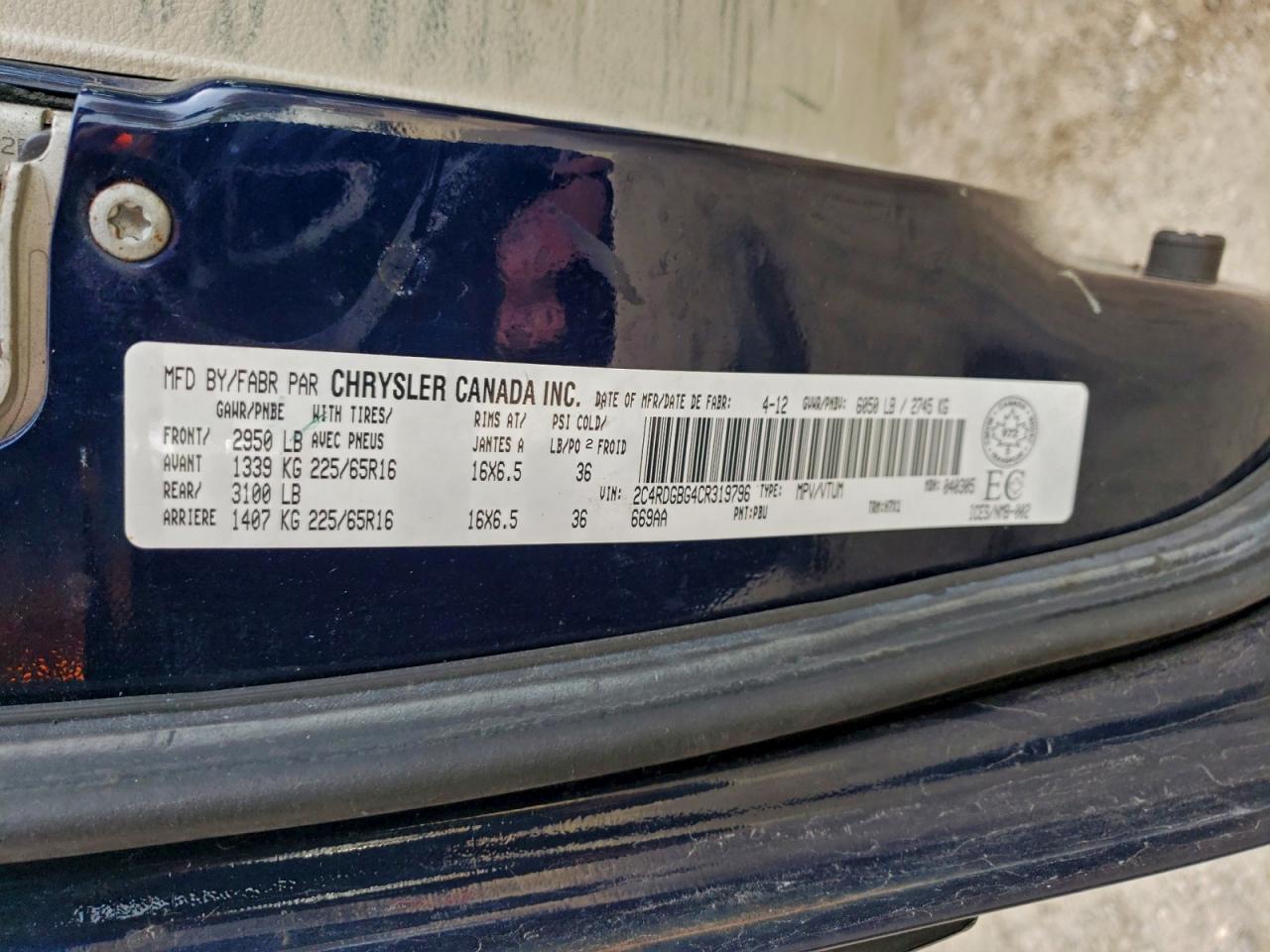 2012 Dodge Grand Caravan Se VIN: 2C4RDGBG4CR319796 Lot: 92572205