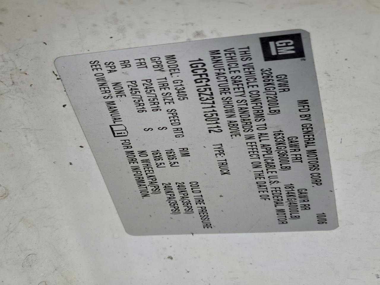 2007 Chevrolet Express G1500 VIN: 1GCFG15Z371150112 Lot: 94032135