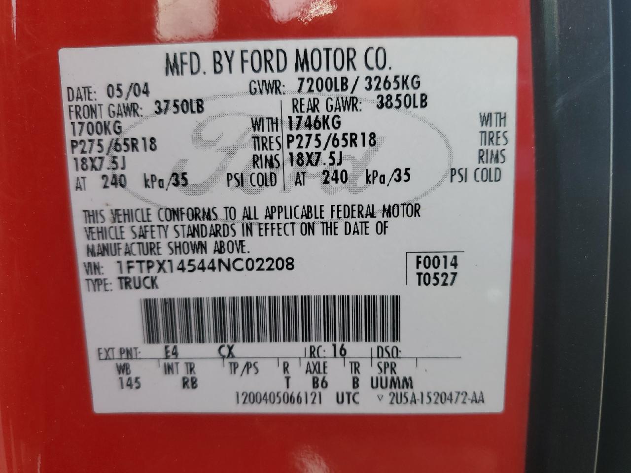 2004 Ford F150 VIN: 1FTPX14544NC02208 Lot: 91470885