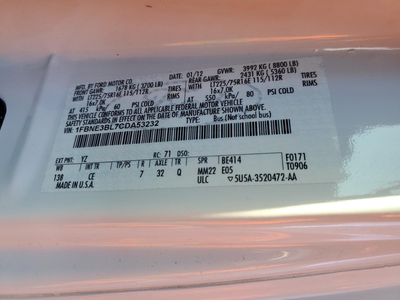 2012 Ford Econoline E350 Super Duty Wagon VIN: 1FBNE3BL7CDA53232 Lot: 91510015