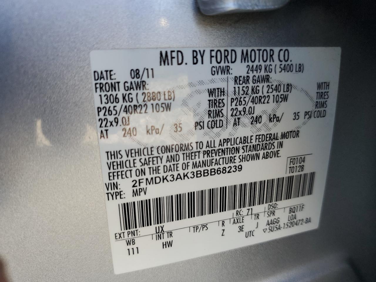 2011 Ford Edge Sport VIN: 2FMDK3AK3BBB68239 Lot: 91373015