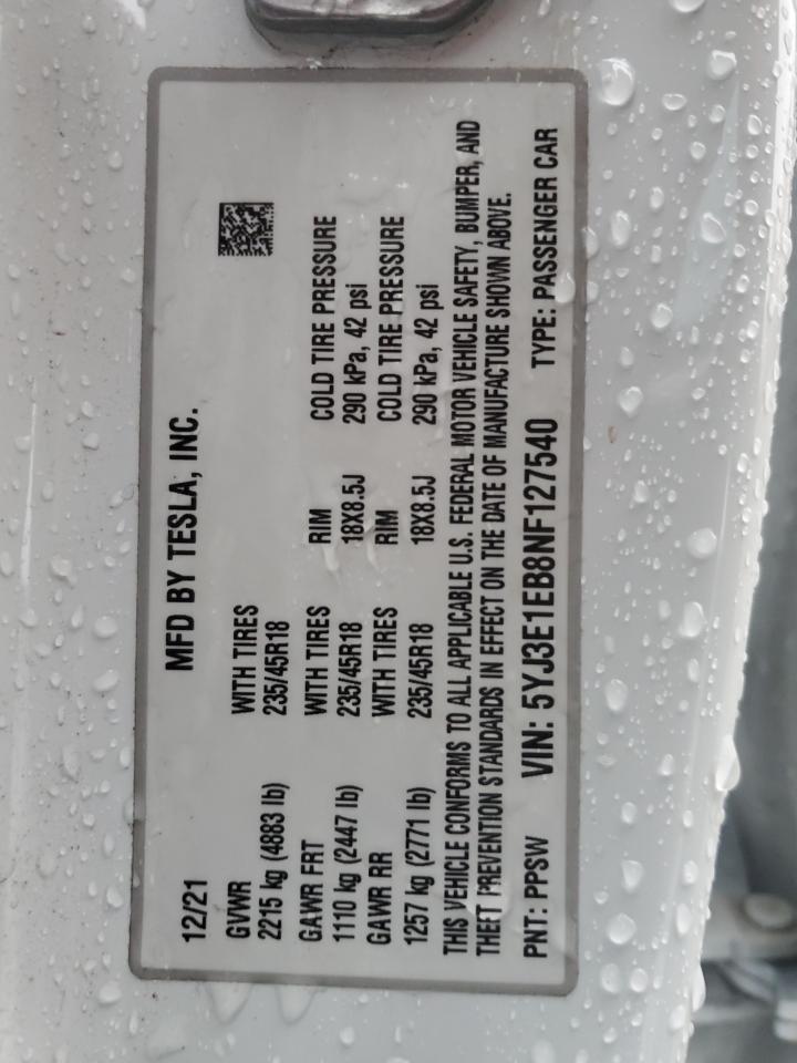 2022 Tesla Model 3 VIN: 5YJ3E1EB8NF127540 Lot: 91698075