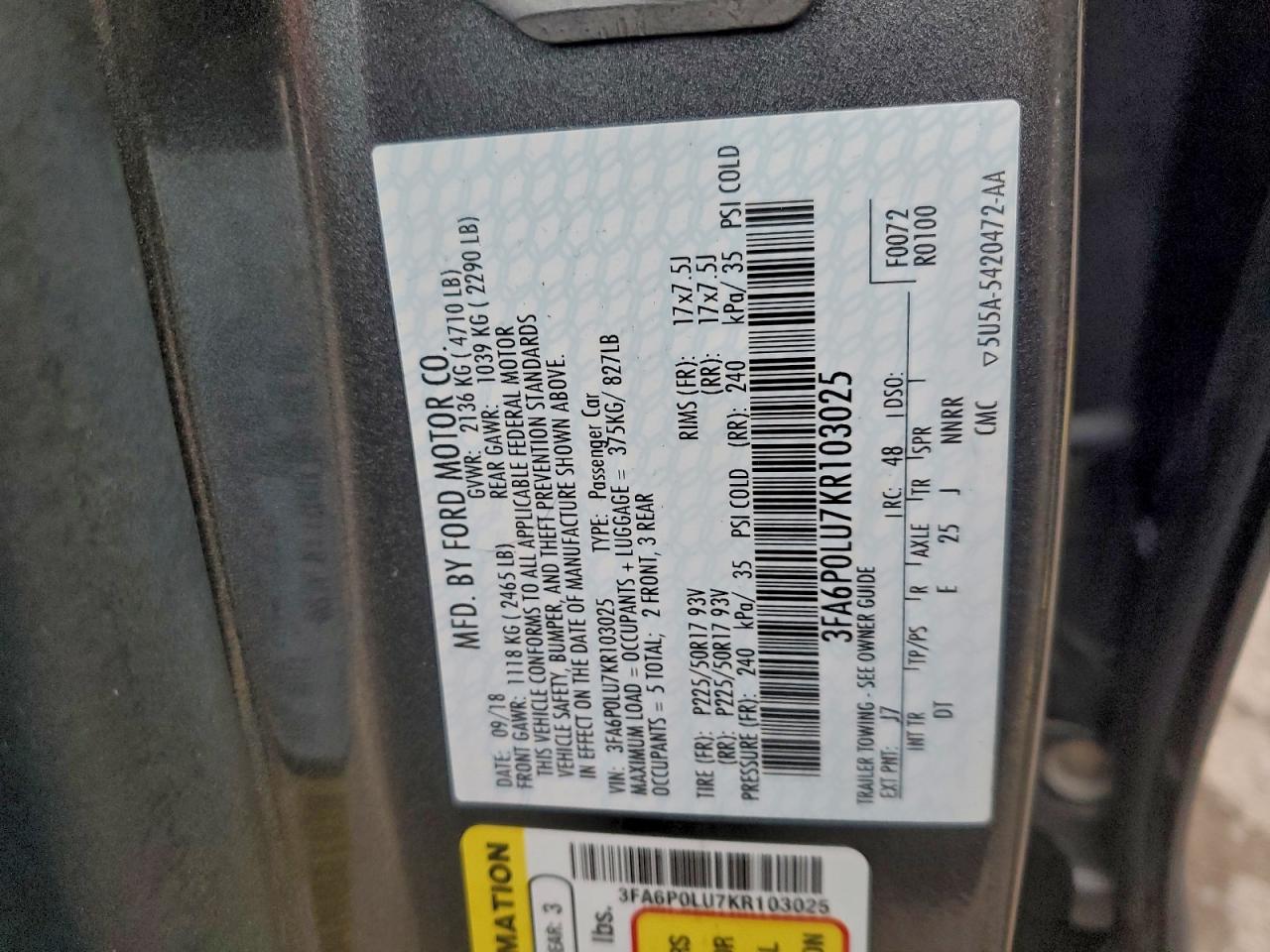 2019 Ford Fusion Se VIN: 3FA6P0LU7KR103025 Lot: 94458905