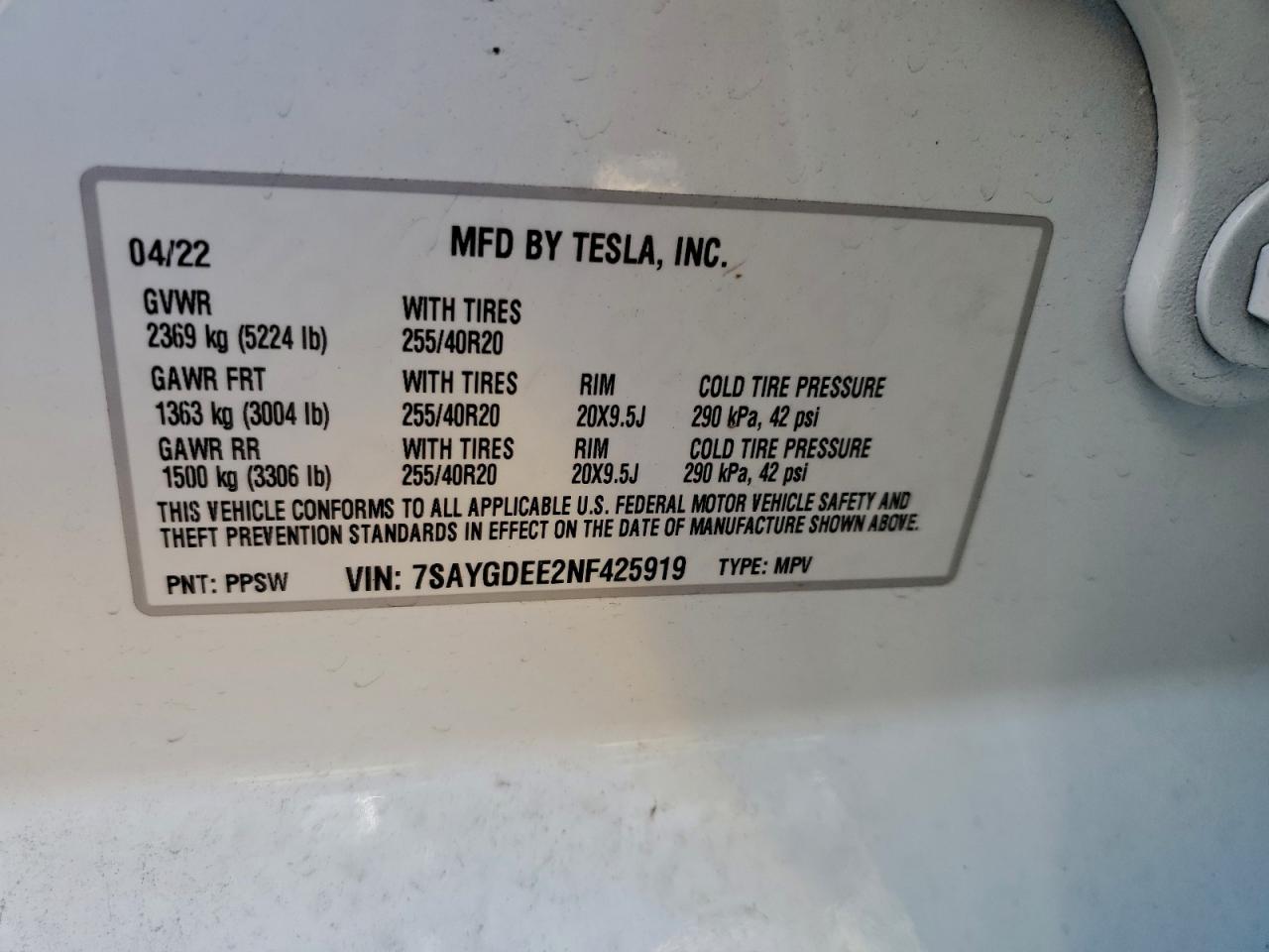 2022 Tesla Model Y VIN: 7SAYGDEE2NF425919 Lot: 93072105