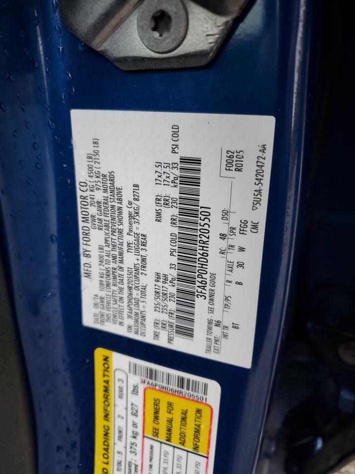 2017 Ford Fusion Se VIN: 3FA6P0HD6HR205501 Lot: 91826345