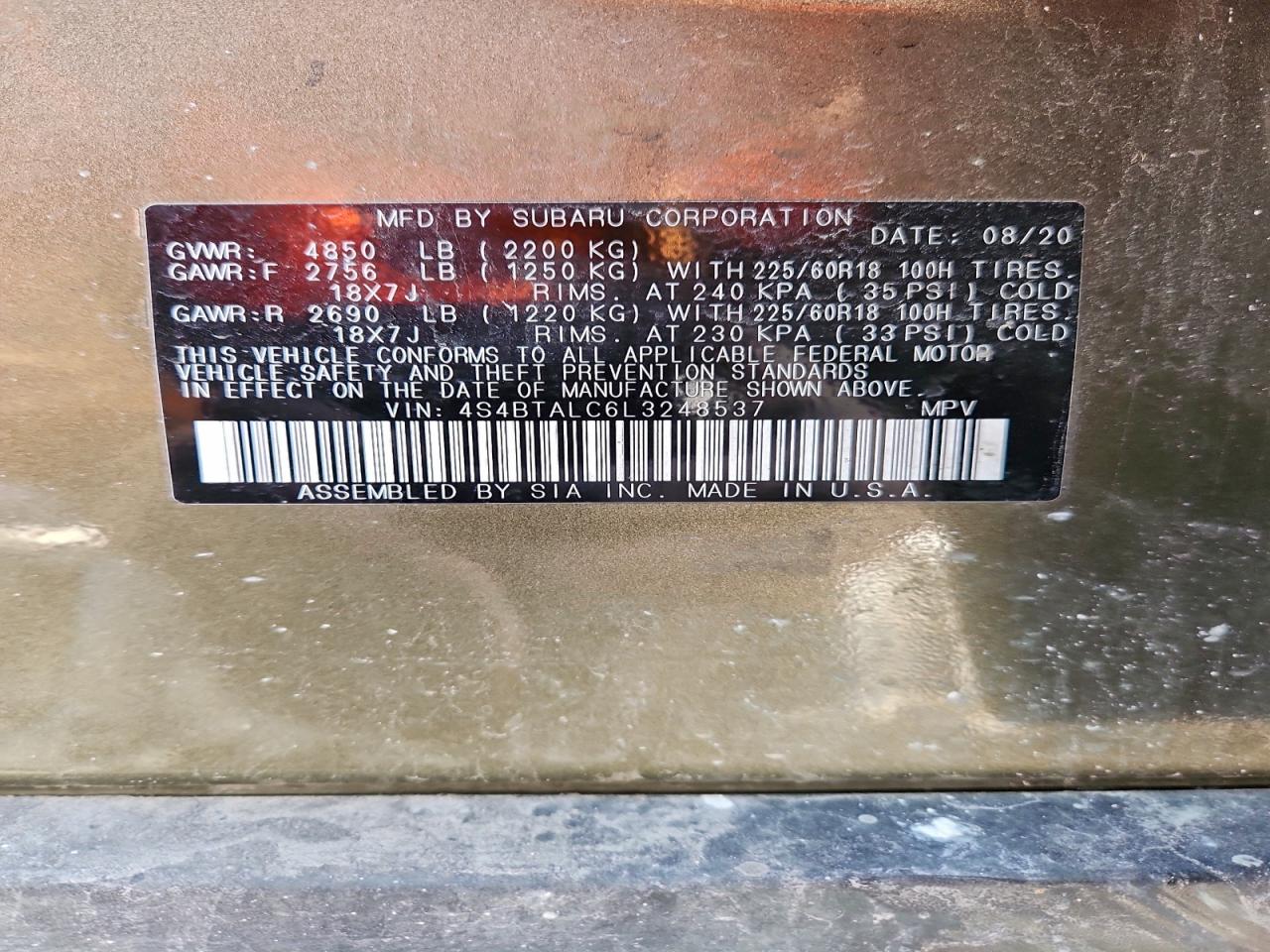 2020 Subaru Outback Limited VIN: 4S4BTALC6L3248537 Lot: 91693445