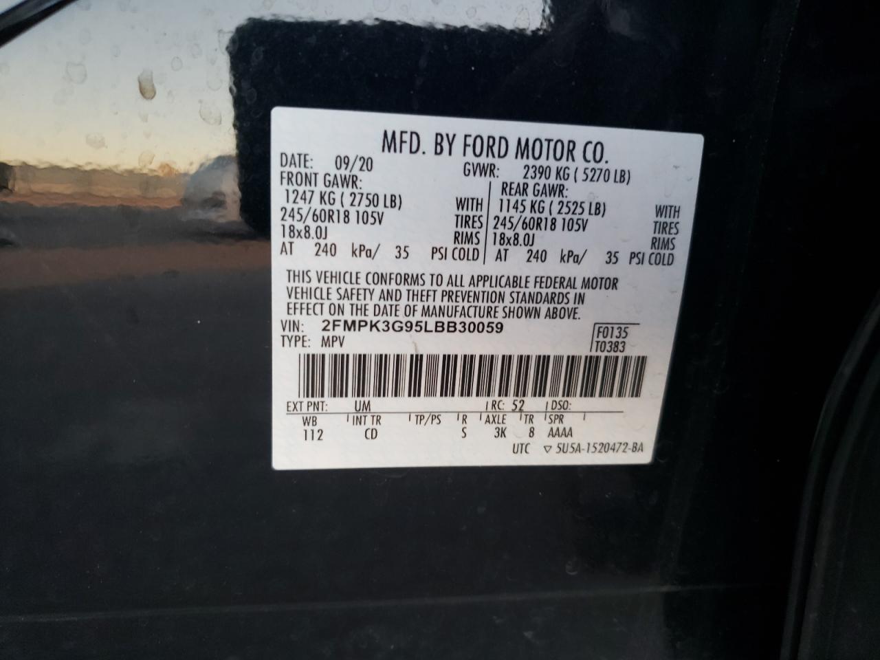 2020 Ford Edge Se VIN: 2FMPK3G95LBB30059 Lot: 91193875