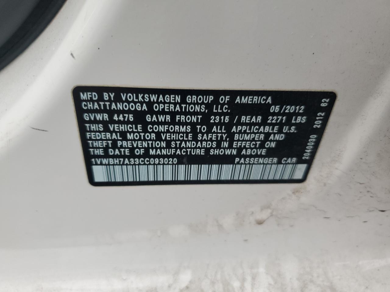 2012 Volkswagen Passat Se VIN: 1VWBH7A33CC093020 Lot: 92694315