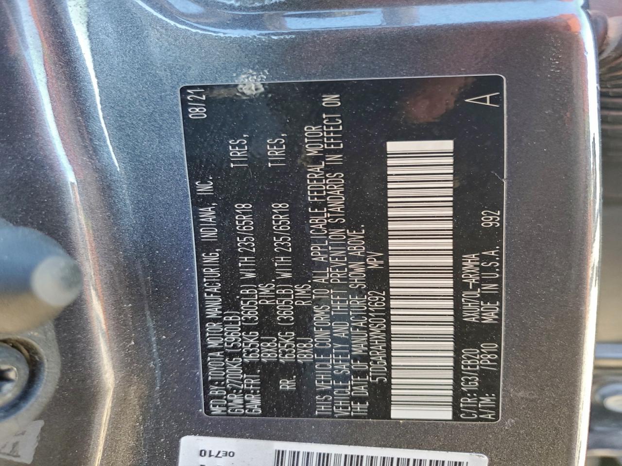 2021 Toyota Highlander Hybrid Xle VIN: 5TDGARAHXMS011692 Lot: 94469735