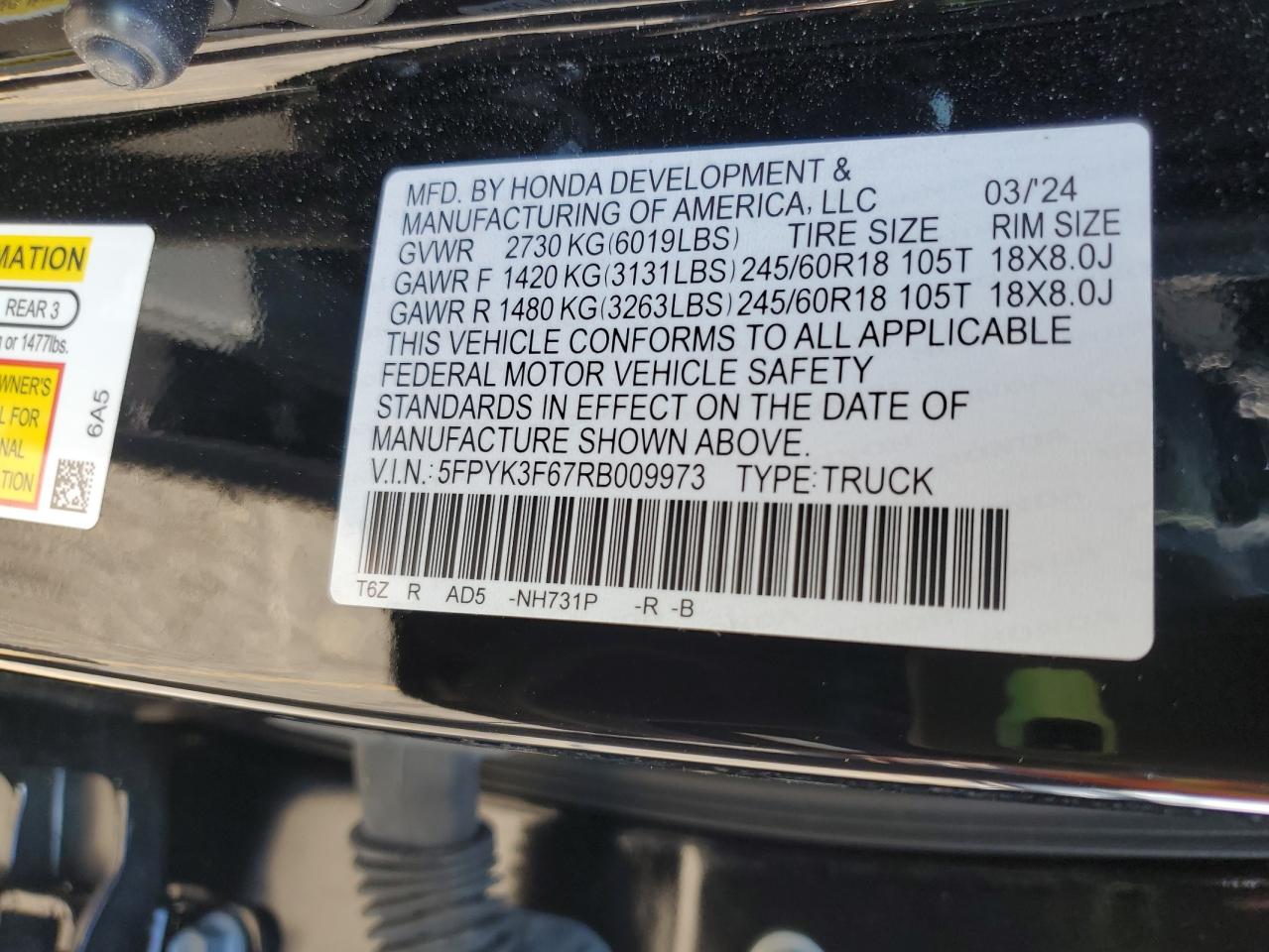 2024 Honda Ridgeline Trail Sport VIN: 5FPYK3F67RB009973 Lot: 92692135